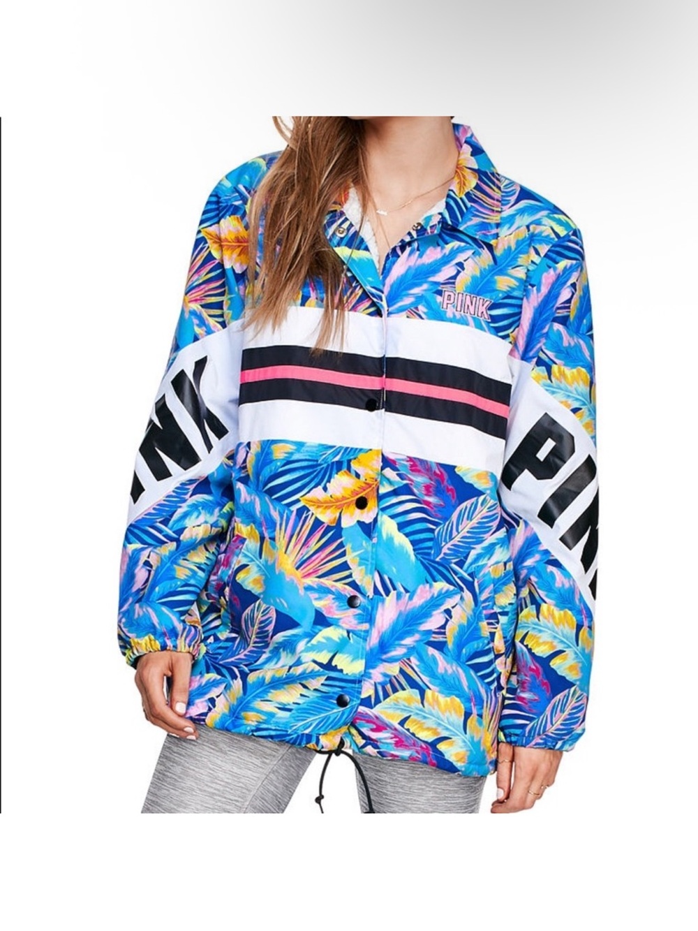 NWT Victoria Secret Pink Sherpa Lined NEON TROPICAL Anorak Coach JACKET XS